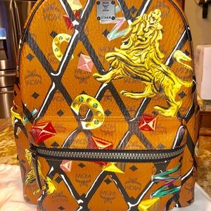 MCM Stark Motif Rombi Cognac Canvas Backpack